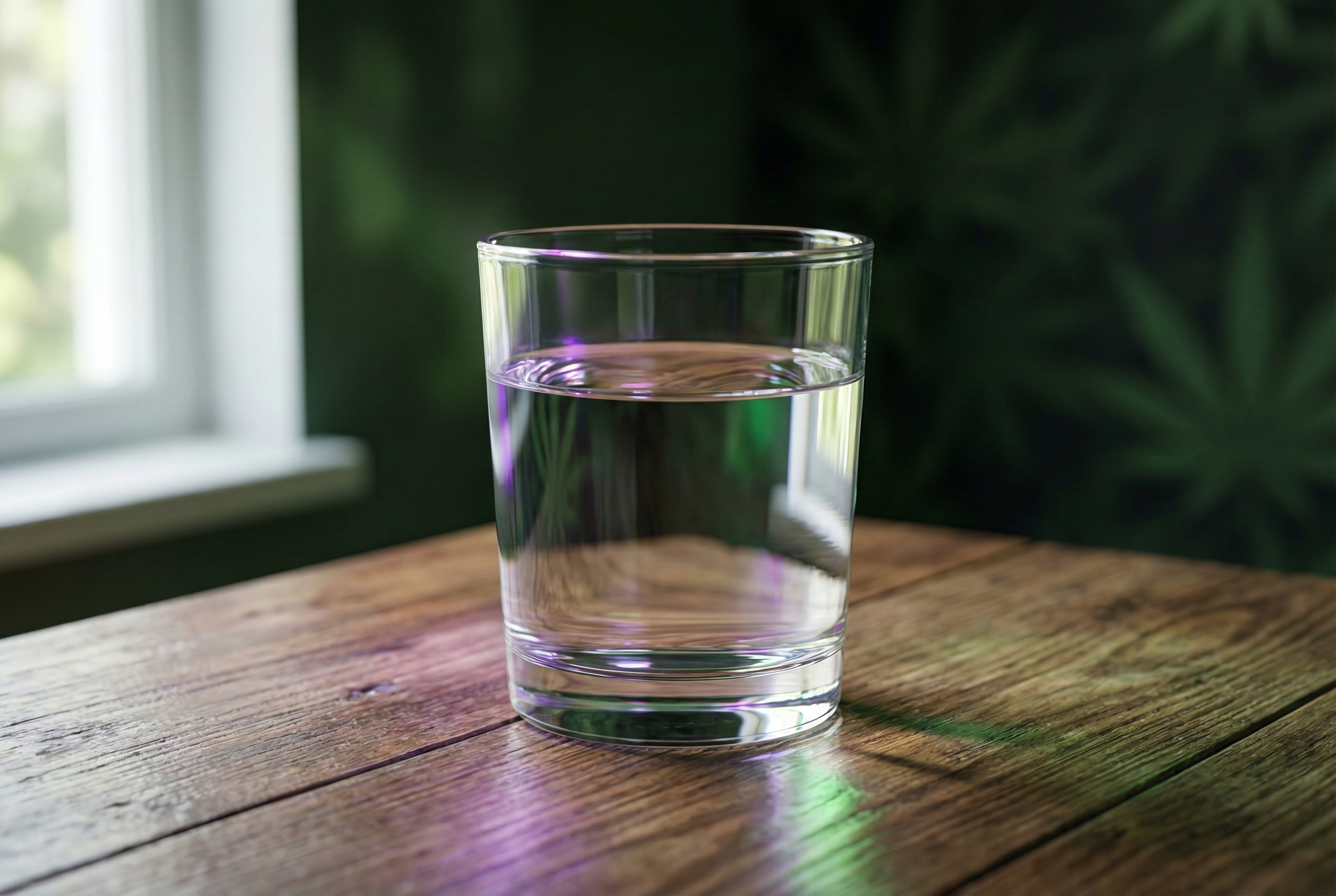 A hyper-realistic close-up photography style shot of a glass of water on a wooden table, capturing a mood of absolute stability and clarity.