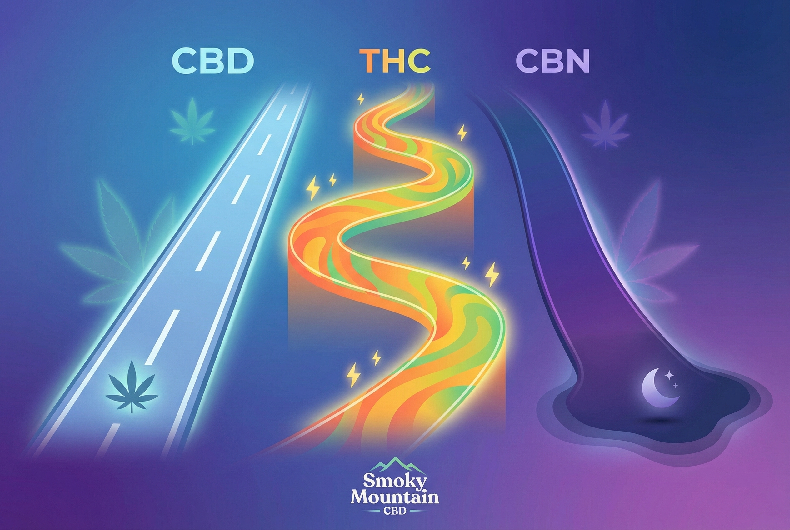 A minimalistic infographic style image showing three distinct paths for CBD, THC, and CBN.
